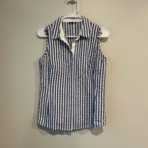 Lafayette 148 New York Blue and White Striped Textured Cotton Button Down Shirt
